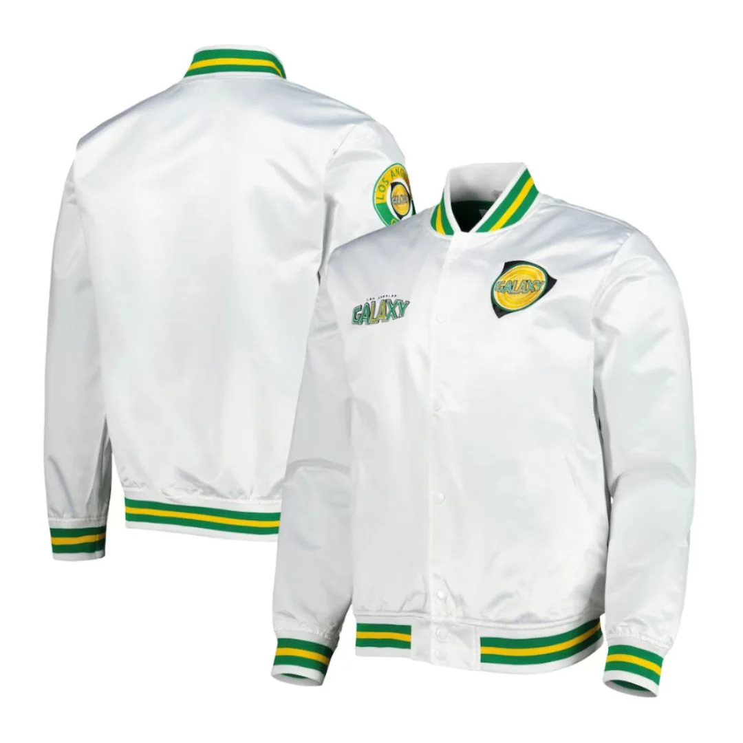 LA Galaxy 2023 Mitchell & Ness Hometown Lightweight White Satin Jacket - Image 3
